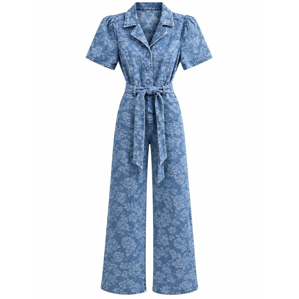 Skies Are Blue Floral Denim Jumpsuit M Wide Leg Belted Puff Sleeve Cottagecore